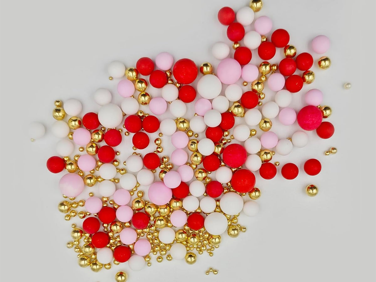 Mixed Edible Pearl Sugar Sprinkles, 4.6 oz Candy Pearls Ideal for Baking, Cake and Cupcake Toppers, Cookie Decoration, Ice Cream Topping (Red&Pink&White&Gold)