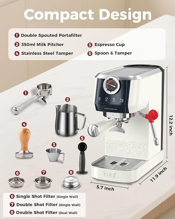 Tuni E2 58mm Espresso Machine - Dual Boiler (Immediate Milk Frothing) | PID NTC Temp Control | 20 Bar ULKA Pump | Stainless Steel Semi-Automatic Coffee Maker | Gift for Coffee Lovers