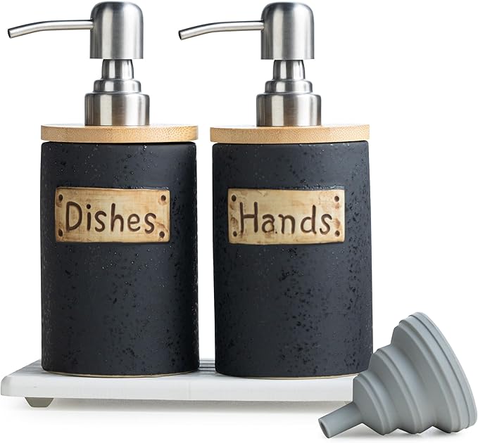 Kitchen Soap Dispenser Set, Ceramic Hand and Dish Soap Dispenser for Bathroom, Includes Instant Dry Tray, Collapsible Funnel, 15 Oz, Black
