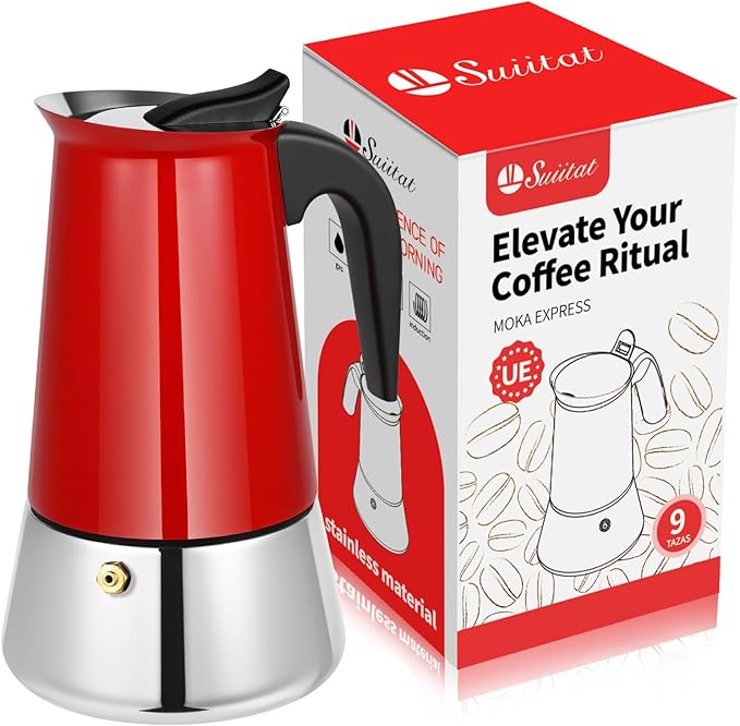 Moka Pot, 9 Cups (15.9 oz) Stovetop Espresso Maker, 304 Stainless Steel Moka Pot, Induction Compatible, Red