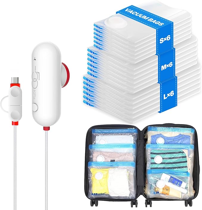 VMstr 18 Pack Vacuum Storage Bags with USB Pump, Vacuum Seal Bags for Clothing Travel, Carry-on Size Space Saver for Clothes and Clothing