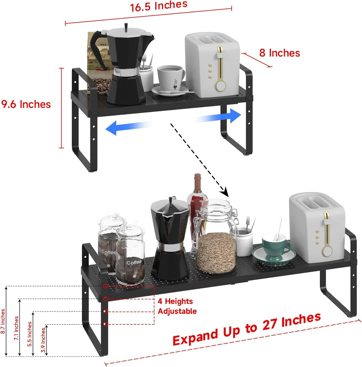 Expandable Cabinet Shelf Organizer Adjustable Metal Spice Rack Stackable Freestanding Counter Storage Shelves for Kitchen Cabinet Under Sink Office Desk (Black - 1Pack - L16.5-27'' * W8'' * H9.6'')