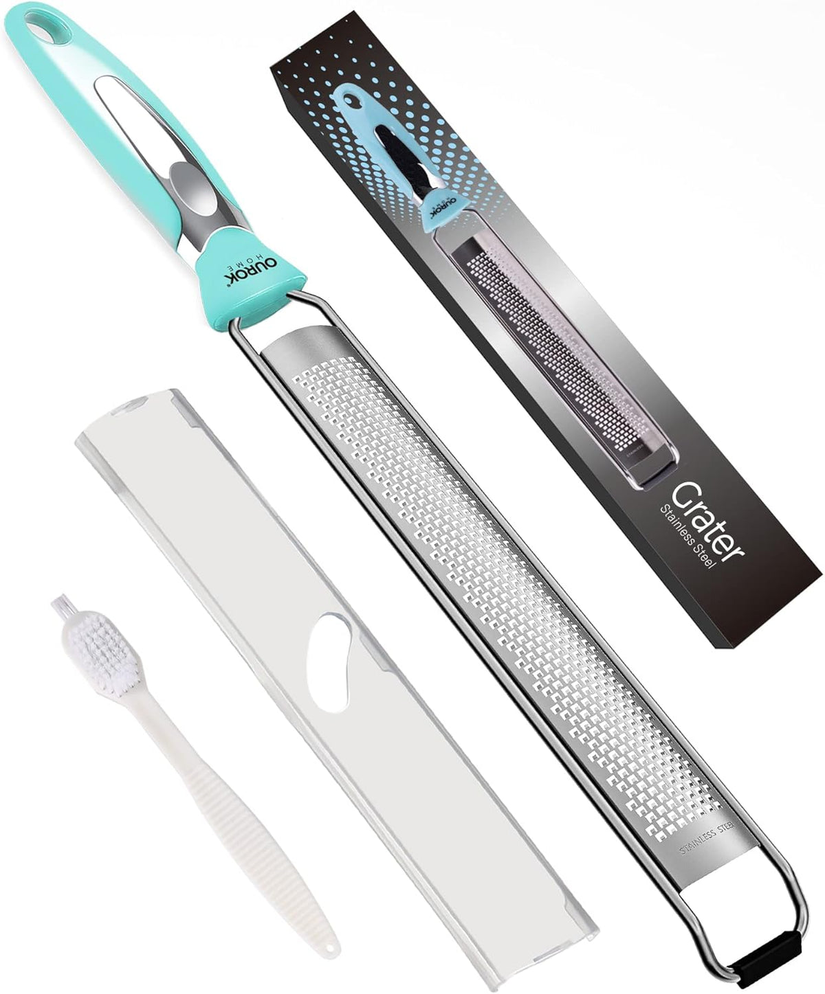 Ourokhome Kitchen Lemon Zester, Stainless Steel Hand Held Parmesan Cheese Grater for Ginger, Chocolate, Coconut, Lime, Nutmeg, Citrus, Fruit, Vegetable with Cleaning Brush, Dishwasher safe, Blue