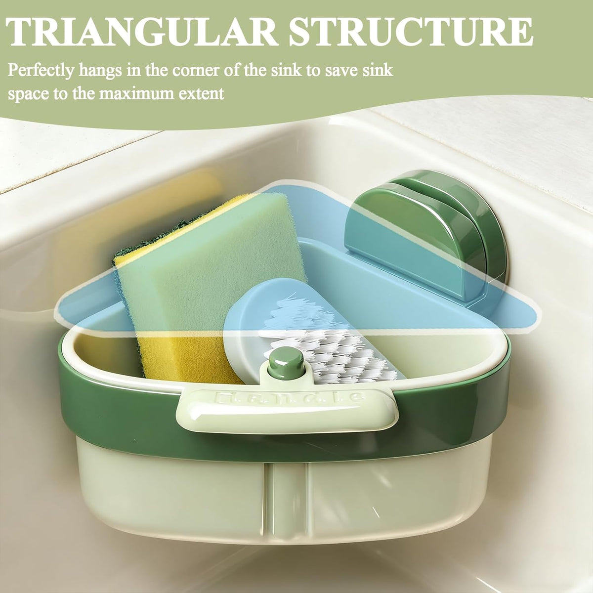 Sink Strainer Basket, 2025 New Upgraded Suction Cup Sink Corner Rack, Triangle Suction Cup Press Sink Drainer Basket, Automatic Dumping Corner Sink Trash Catcher for Kitchen Bathroom (Green)