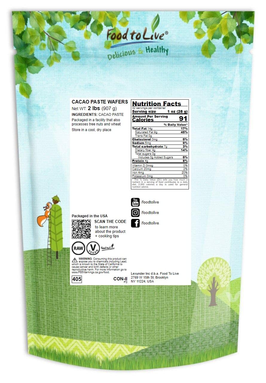 Food to Live Cacao Paste Wafers, 2 Pounds - Premium Raw Cacao Liquor, Pure, Unsweetened, Vegan, Bulk. Rich in Antioxidants, Essential Minerals. Perfect for Homemade Desserts, Chocolate Bars