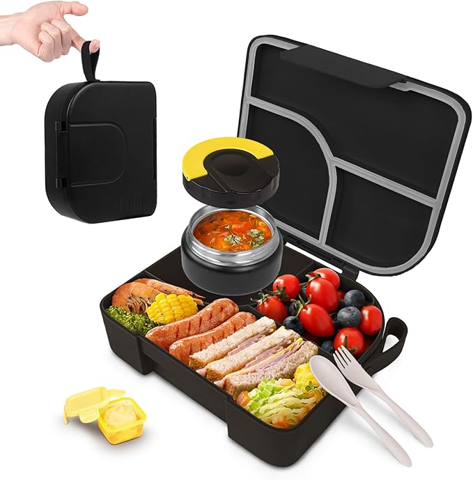 TinyPalsa Bento Box for Kids with 10oz Thermos, Durable Lunch Box with Leak Proof Insulated Food Jar, 3 Compartments with Portable Handle for Ages 3+, Dishwasher Safe, Ideal for School, Travel (Black)
