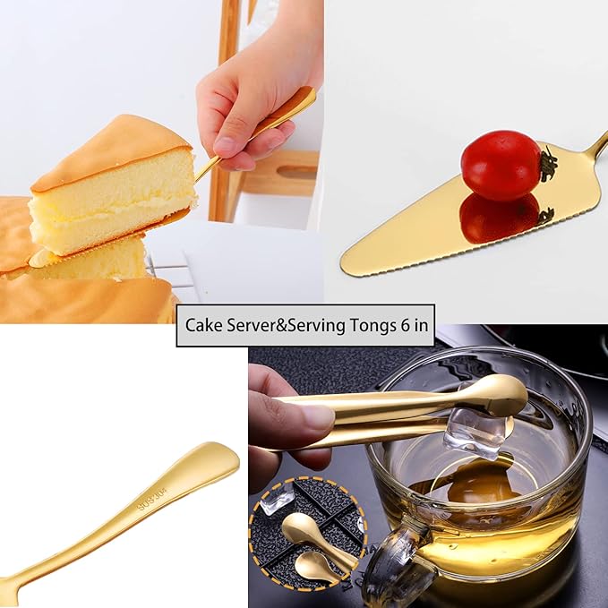 11 PCS Serving Utensils, Large Stainless Steel Spoons Forks Tongs, Pie Server, Great for Hostess Buffet Catering Banquet Party, Gold