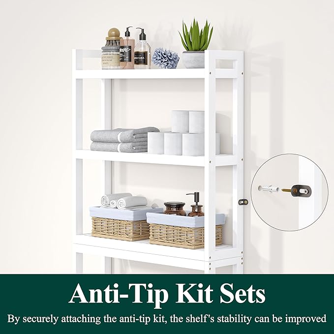Smiry Over The Toilet Storage Cabinet, 3-Tier Bamboo Bathroom Organizers with Adjustable Shelf & 4 Hooks, Space Saving Shelf Rack for Bathrooms, Laundry Room, Balcony, White