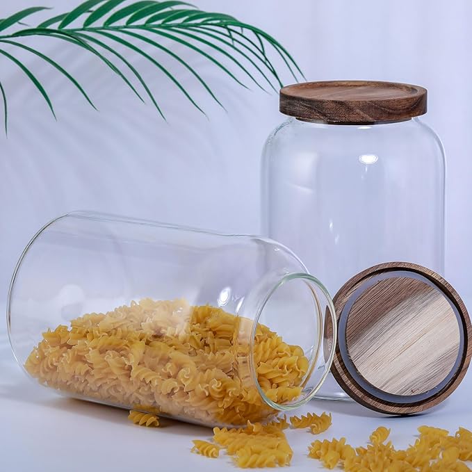Large Glass Jar with Airtight Lid 94 FL OZ Glass Canister Set Wooden Lids Glass Food Storage Containers for Kitchen Counter Flour Tea Coffee Beans Sugar Cookies Overnight Oats (2pcs 2.8L)