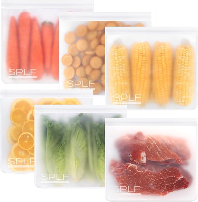 SPLF 6 Pack Dishwasher Safe Reusable Gallon Freezer Bags, BPA FREE Extra Thick Reusable Storage Bags Leakproof Silicone and Plastic Free for Marinate Meats, Cereal, Sandwich, Snack, Travel Items
