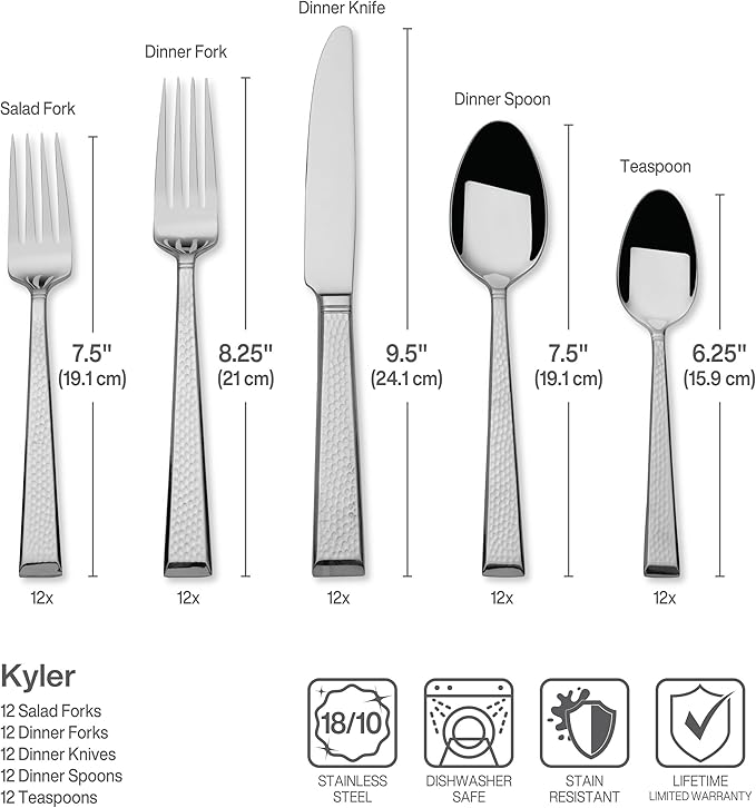 Mikasa Kyler Flatware Set for 12, 65 Piece 18/10 Stainless Steel Silverware with Modern Design and Serving Utensils, Durable, Stylish Dinnerware Service