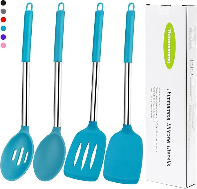 Silicone Spatula Spoon Set, 4 PCS Silicone Cooking Utensils Spatula Spoon Set with Stainless Steel Handle, BPA Free Kitchen Turners for Frying, Mixing, Serving, Draining, Turning, Stirring, Blue