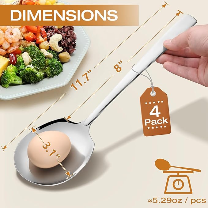 Extra Large Serving Spoons Set 11.7-Inch Serving Slotted Spoon x 2 Serving Spoon x 2, 18/8 Stainless Steel Big Serving Utensil for Buffet, Parties, Catering - Dishwasher Safe(4-Pack, Silver)