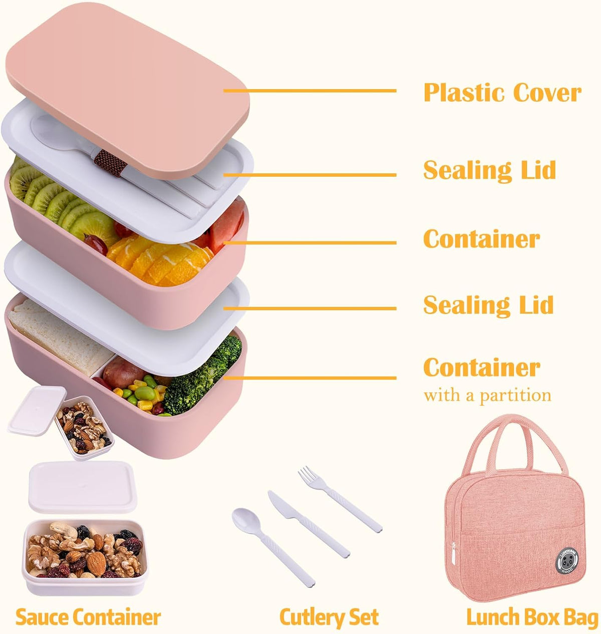 Bento Box with Lunch Bag Microwavable All-in-One Meal Prep Compartment Lunch Containers with Utensils Leak Resistant Lunch Box with Sauce Container 60oz Pink