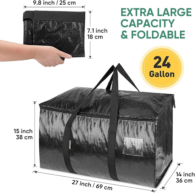 BALEINE 8-Pack Oversized Moving Bags with Reinforced Handles, Heavy-Duty Storage Tote for Clothes, Moving Supplies (Black, 8-Pack)