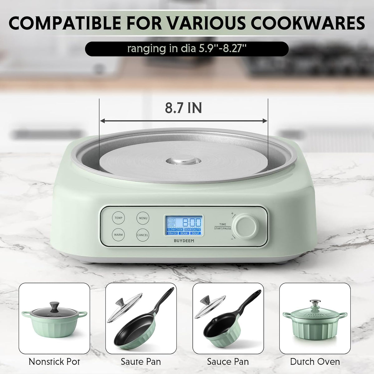 BUYDEEM LP55 5-in-1 Slow Cooker, Compatible with Various Cookwares, Multi-Cooker with Two Temperature Settings, Auto Keep Warm for 2H, Cozy Greenish, Pot Not Included