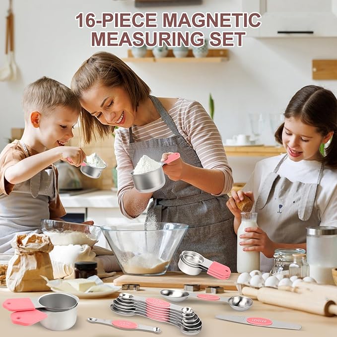 16-Piece Stainless Steel Measuring Cups and Spoons Set, Strong Magnetic Nesting Design 7 Cups 8 Spoons with Leveler, Double Measurement Markings for Dry & Liquid Ingredients, Pink