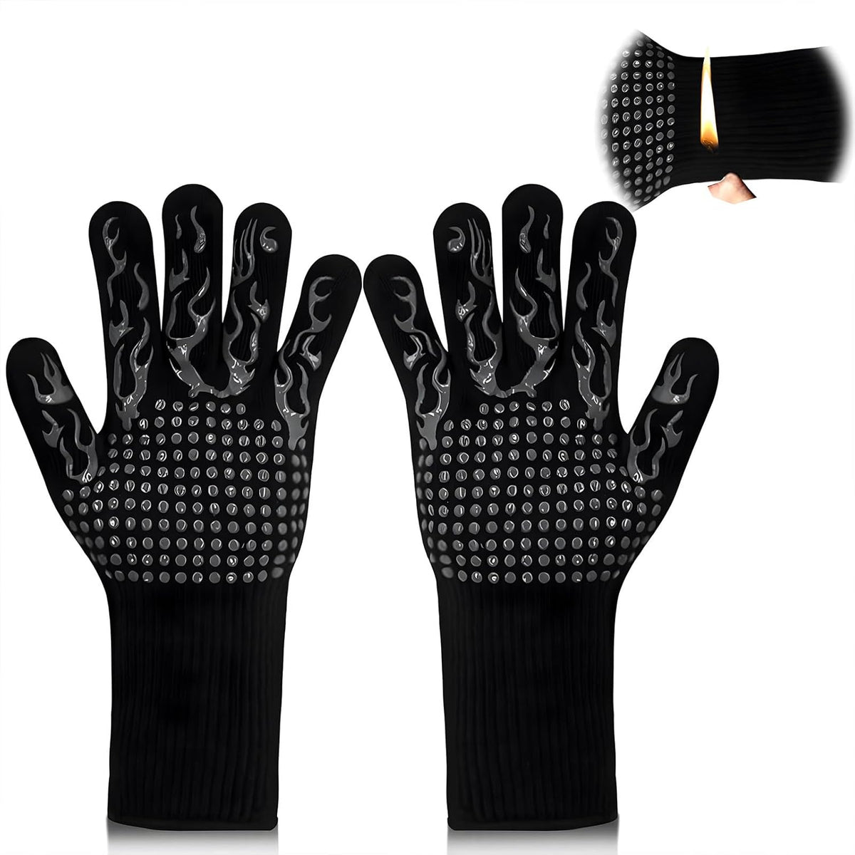 1 Pair Grill Oven Mitts, 1472°F Heat Resistant BBQ Gloves for Cooking, Non-Slip Silicone Oven Gloves, Barbecue Grill Gloves BBQ Mitts (Black-Flame Pattern)