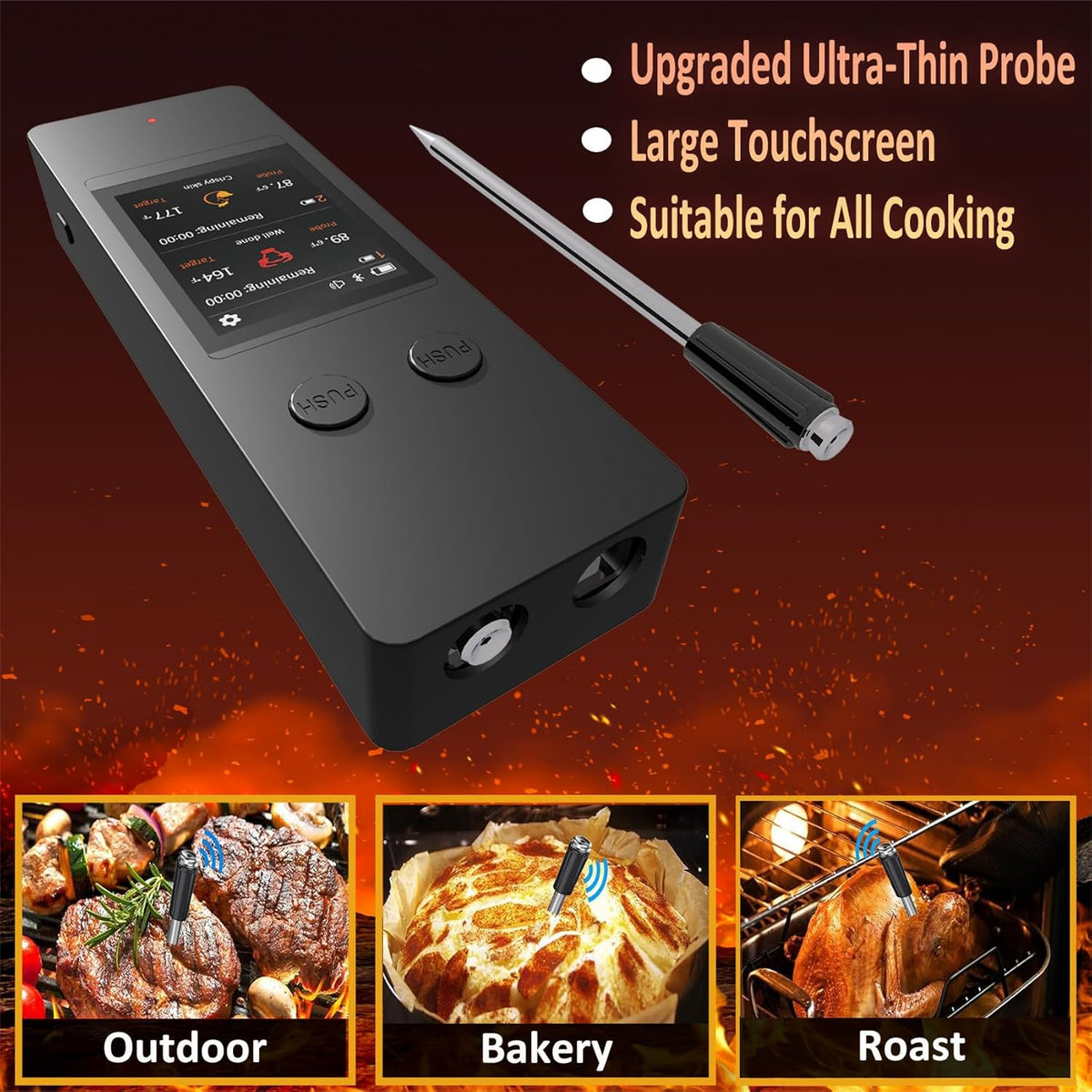 800FT Wireless Meat Thermometer Digital with 2 Upgraded Ultra-Thin Probe, Large Touchscreen, Kitchen Food Thermometer for Cooking Oven, Smoker, Rotisserie, BBQ(No App to Download)