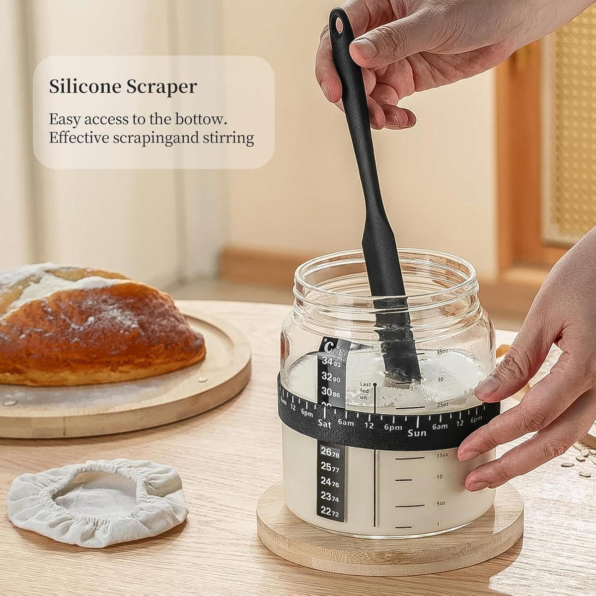 Wissy&Konny Sourdough Starter Jar，Wood Sealed Lid with Automatic Exhaust,35OZ with Ounce Scale Line,Date Marked Feeding Band, Thermometer, Sourdough Jar Scraper,Wide Mouth for Sourdough Bread Baking