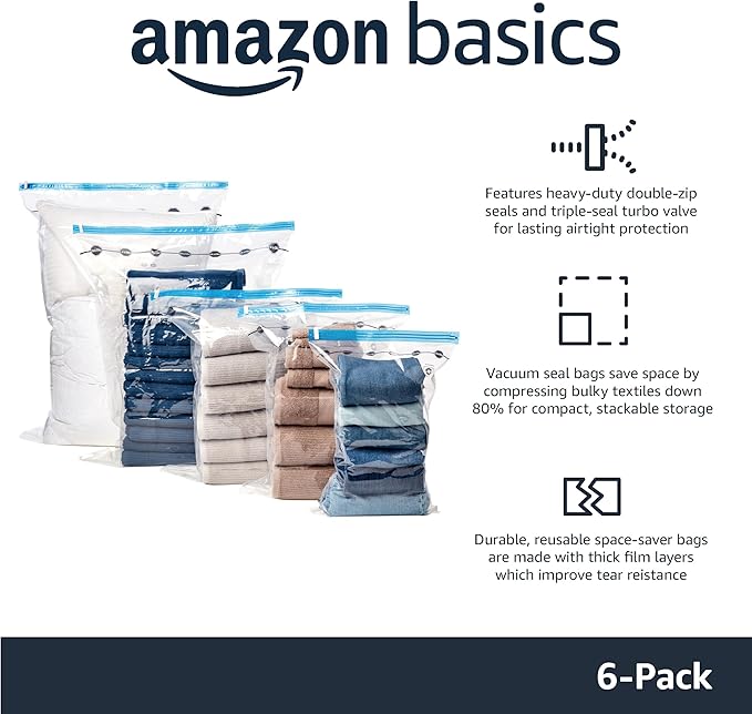 Amazon Basics Vacuum Compression Space Saving Storage Bags with Hand Pump for Clothes Packing, Jumbo, Clear, Pack of 6