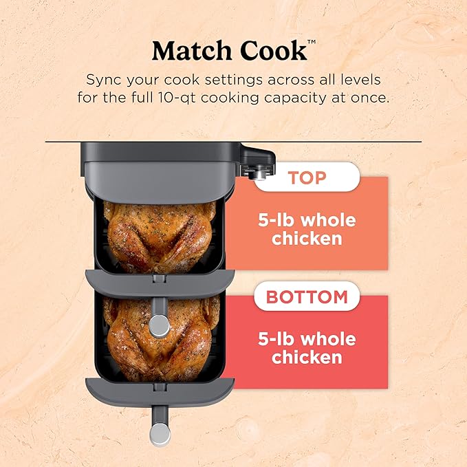 Ninja Air Fryer, 10QT DoubleStack XL 2-Basket, Compact Design, Cooks 5lb Whole Chicken, Feeds Up to 8 People, 6-in-1 Air Fryer, Roast, Bake & More, Easy to Clean, Dishwasher Safe Parts, Grey, SL401