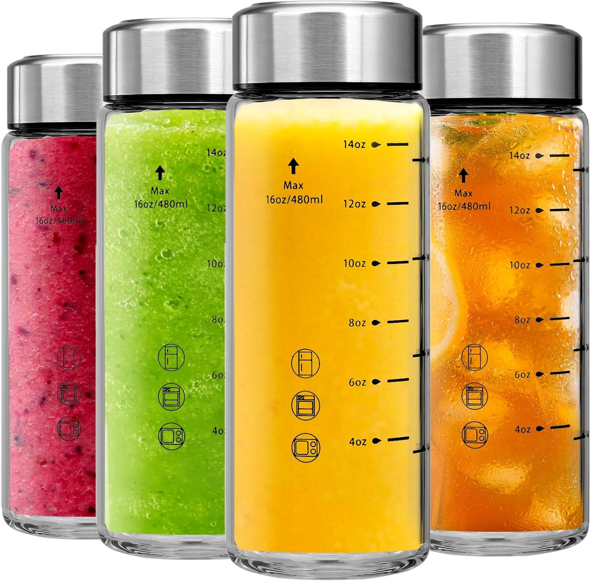 Glass Juice Bottles 4 Pack 20 oz - Wide Mouth Glass Water Bottles with Lids - Borosilicate,Stainless Steel Lids for Juicing, Smoothies, Infused Water, Beverage Storage, Leakproof, Reusable,BPA Free
