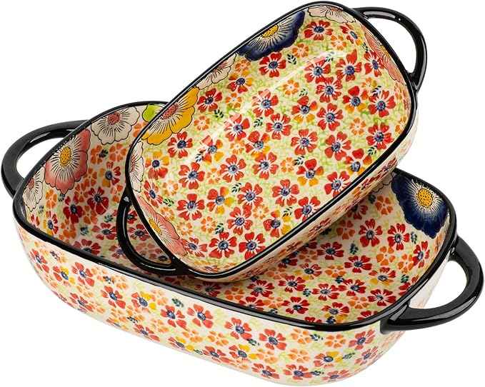 Retro pastoral style Ceramic Baking Dish Rectangular Bakeware Set Baking Pan, 2-piece Hand-painted Porcelain Baking pan with handle, Casserole Dish for Oven/Cooking/Kitchen (Romantic Flower)