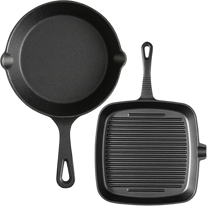 Pre-Seasoned Cast Iron skillets,2 Piece Durable Pots and Pans Set with Handle Covers for Grill, BBQ, Camping Fire, Stovetop, Kitchen and Camping Cookware