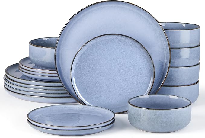 E-far Dinnerware Sets for 6, 18-Piece Plates and Bowls Set, Reactive Glaze Dishes, Stoneware Dinning Ware Set, Microwave & Dishwasher Safe - Ocean Blue