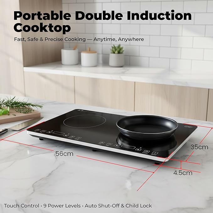 OMEO Portable Double Induction Cooktop 2 Burner Electric Cooktop, Touch Control 110V Induction Cooker with Safety Lock, Pause, Auto Shutoff Timer Setting, 9 Heating Level and Overheating Protection