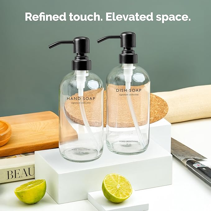 Vine Creations Clear Glass Soap Dispenser Set, Dish Soap and Hand Soap Dispenser Set with Stainless Steel Pump, 16 oz Glass Dispensers for Kitchen Bathroom Decor (Clear Bottle/Matte Black Pump)