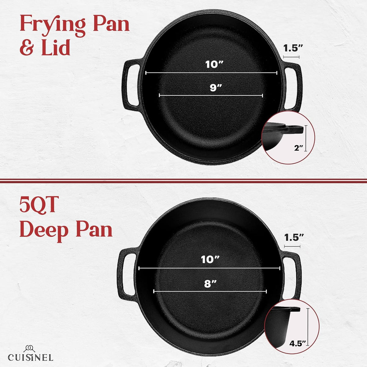 Cast Iron Double Dutch Oven - Pre-Seasoned 5-Quart Set – 2-in-1 Multi-Cooker: 5-Qt Deep Pot + 10" Skillet - Frying Pan Converts to Lid of Combo Dutch Oven – Grill, Stove Top, BBQ and Induction Use