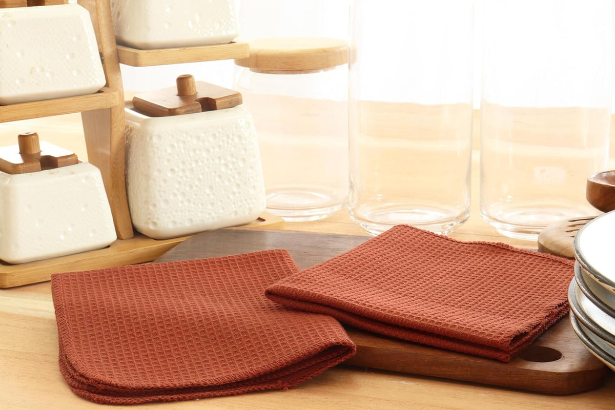 PurpleEssences Rust Dish Cloths and Dish Rags - 6 Pack Waffle Weave Solid Kitchen Dish Wash Cloths, 100% Cotton, 12 x 12 Inches, Ultra Soft Absorbent Quick Drying - Spring Summer - Rust