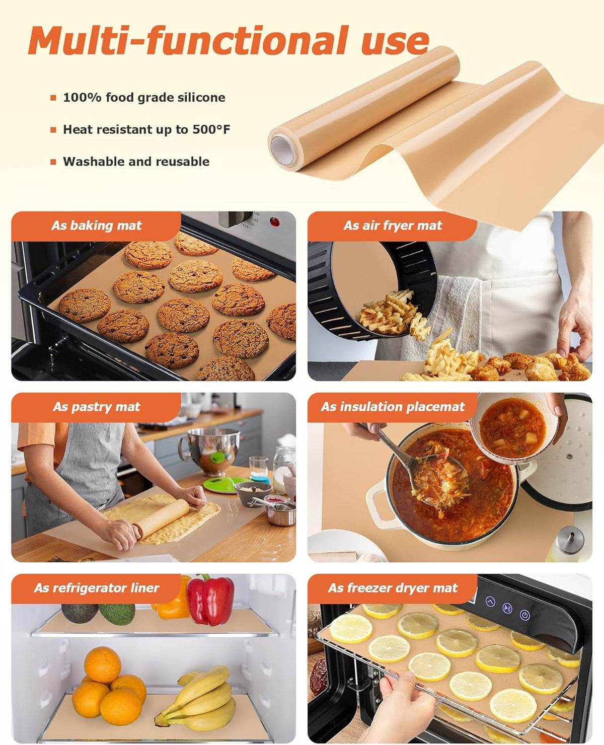 Silicone Baking Mat Roll - Best German Silicone - Non-slip Silicone Pastry Mat, Non-Stick Reusable Air Fryer Linner, Counter Mat, Oven Liner, Freeze Dryer Mat - 12IN x 13.3FT