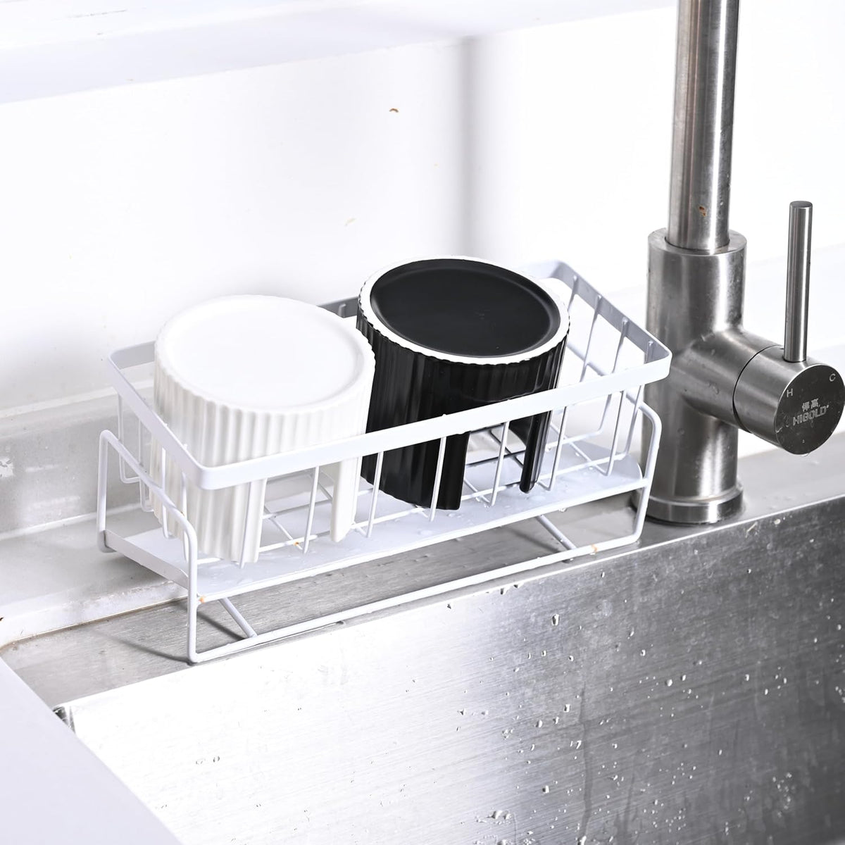 Ceramic Sponge Caddy for Kitchen Sink - Black Dish Sponge Holder, Scouring Pads Drying Rack for Countertop