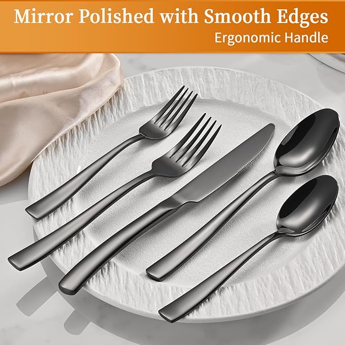20-Piece Black Silverware Set, Heavy Duty Stainless Steel Flatware Cutlery Set Service for 4, Food-Grade Utensil Sets for Home Restaurant, Dishwasher Safe
