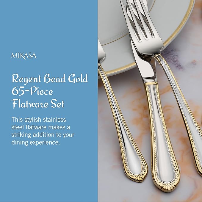 Mikasa, Gold Accent Regent Bead Flatware Service for 12, 65 Piece Set, 18/10 Stainless Steel, Silverware Set with Serving Utensils