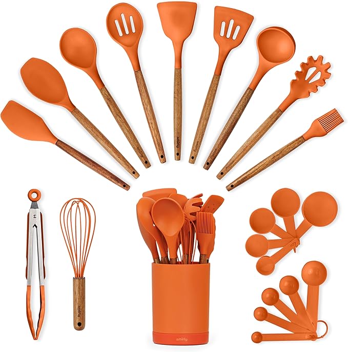 Silicone Kitchen Utensils Set & Holder: Cooking Utensils Set - Kitchen Essentials for New Home & 1st Apartment- Silicone Spatula Set, Cooking Spoons for Nonstick Cookware (Acacia Wood, Oange)