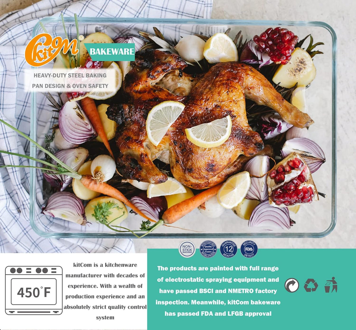 kitCom Nonstick Roasting Pan, Roaster with Rack - 16 Inch Rectangular Grill Suitable for Turkey, Roast Chicken, Ham, Dishwasher Safe (9.5QT)