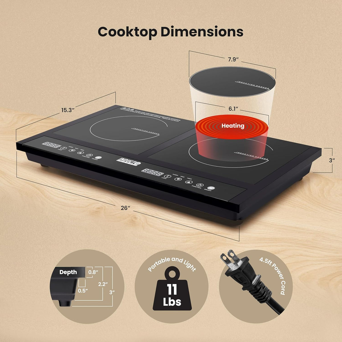 Homewell Inducto Dual Induction Cooktop Countertop Burner, Portable Electric Cooktop with Two Heating Zones, Energy-Efficient Countertop Stove, Easy-to-Clean Glass Surface, Black 1800W