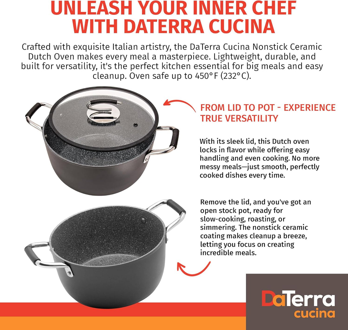 DaTerra Cucina - 8 Qt Nonstick Ceramic Dutch Oven with Lid – Large Stock Pot, Oven & Induction Safe, Heavy Duty, Lightweight, Lead & PFOA Free, Volcanic Black | Made in Italy