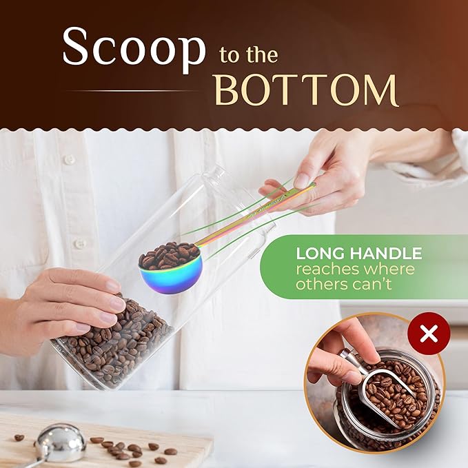 Orblue Premium Coffee Scoop Set - 1 Tbsp (15ml) & 2 Tbsp (30ml) Measuring Tablespoon - Stainless Steel Coffee Measuring Spoon and Scooper with Long Handles - Pack of 2, Multicolored