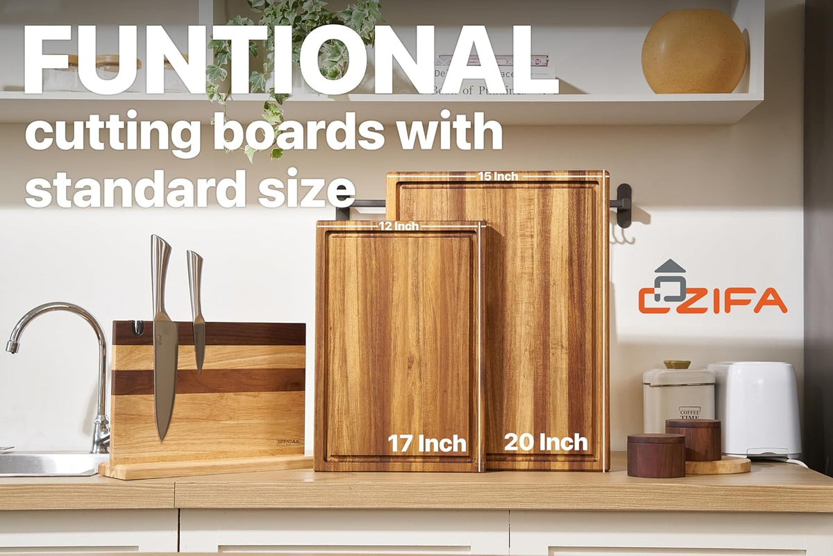 COZIFA- Large Cutting Board Wood Acacia - 20x15 x1.6inches Thick Wooden Cutting Boards for Kitchen with Juice Groove - Wooden Chopping Boards for Kitchen Housewarming Gift Box, Natural Oil Wax Finish