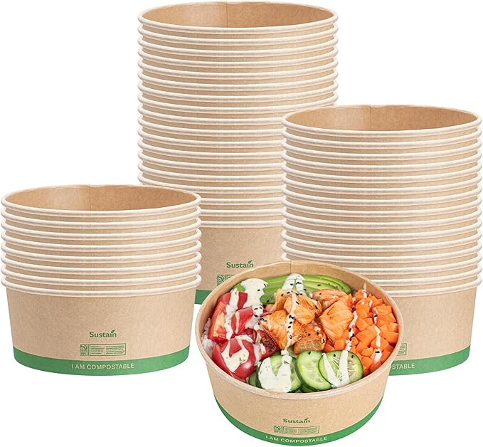 Restaurantware Compostable Paper Food Containers 50 Pack Of 37 oz BPI-Certified Round Kraft Salad Bowls Disposable Grease-Resistant Meal Prep Take Out Containers For Ice Creams, Soups, Snacks