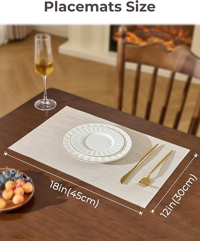 Leetaltree Beige White Placemats Set of 6 - Heat Resistant Non-Slip Place mats for Dining Table, Washable Durable PVC Vinyl Woven Table Mats(Beige White, 6)