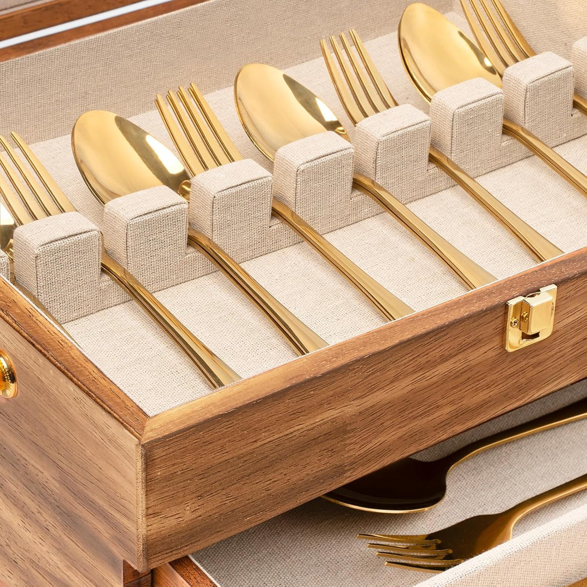 Silverware Storage Box, 3-Layer Flatware Storage Case with Drawer, Wooden Silverware Chest with Handle and Linen Liner, Rustic Silverware Case for Storing Fine Flatware and Utensils (Brown)