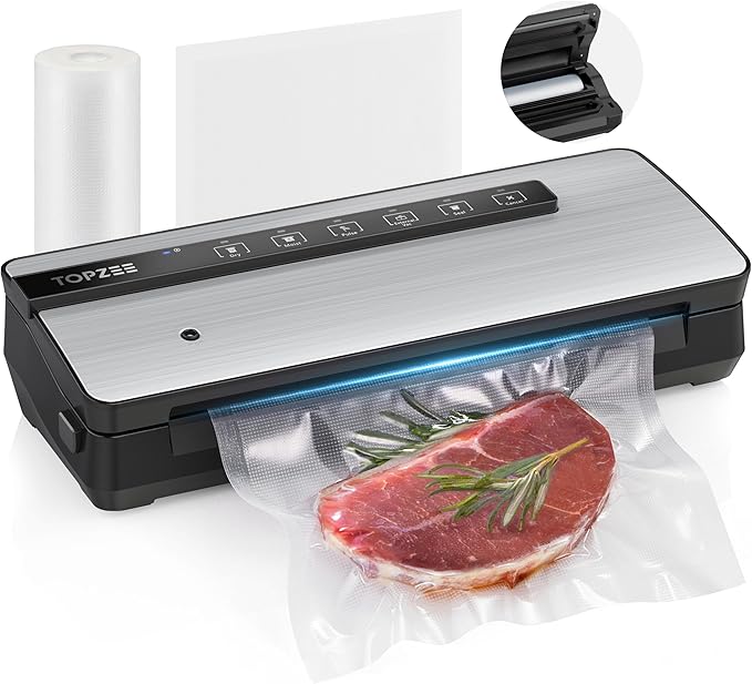 Vacuum Sealer for Food - 90kpa Vacuum Sealer Machine with Bags Storage and Built-in Cutter, Food Sealer with External Vac Function, Dry Moist Modes, Bag Roll included, Stainless Steel