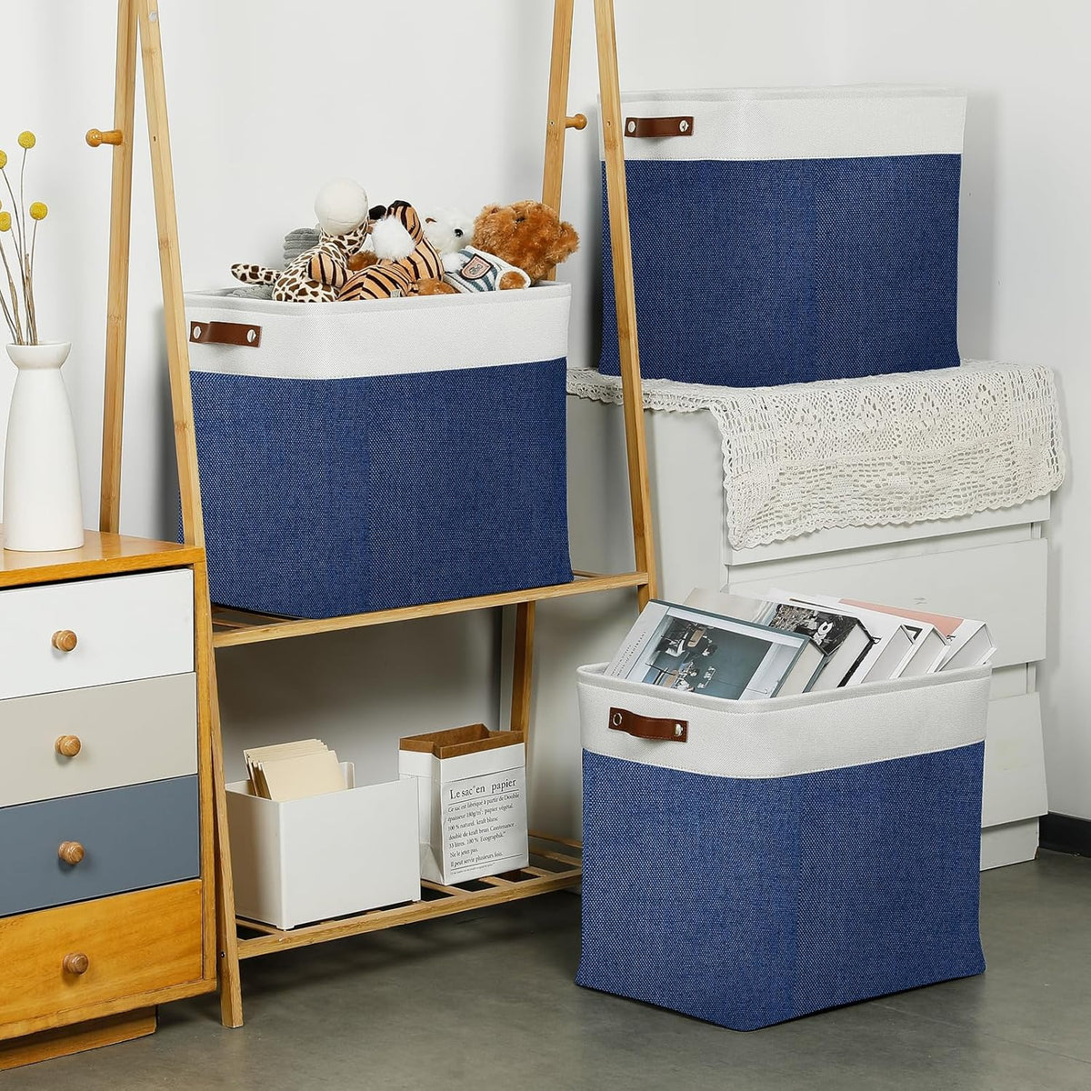 DULLEMELO 51L Large Baskets for Storage, Large Rectangular Baskets for Shelves [3 Pack], Blanket Basket Dog Toy Basket for Organizing Closet, Nursery, Clothes,Toys (White&Blue)