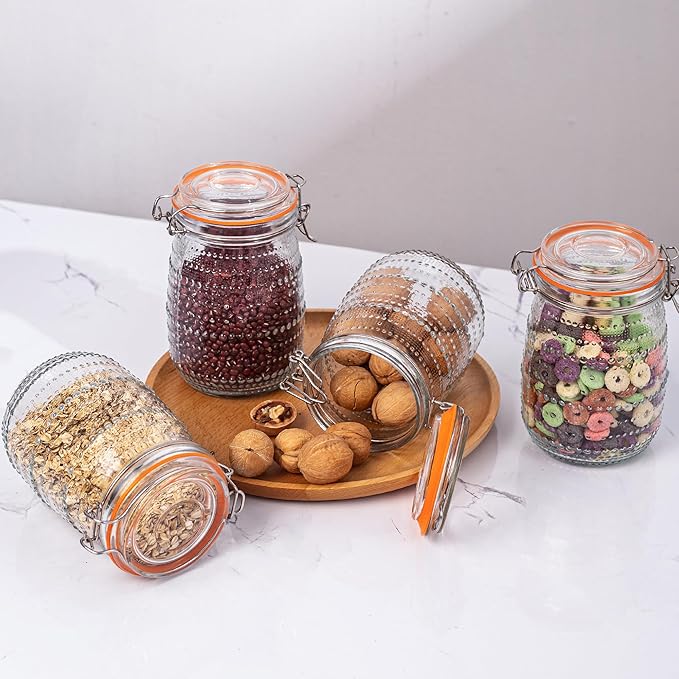 32 Oz Glass Mason Jars with Airtight Lids 6 Pack, Wide Mouth Canning Jars with Clip Top Lids for Kitchen Storage Pickling Salad Jams Coffee Beans